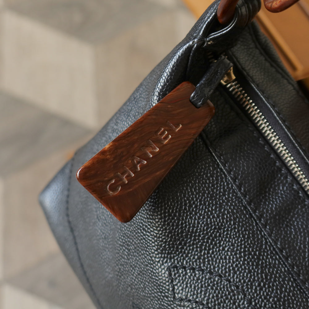 Chanel Vintage Black Caviar Leather Hobo Coco Charm Shoulder Bag M