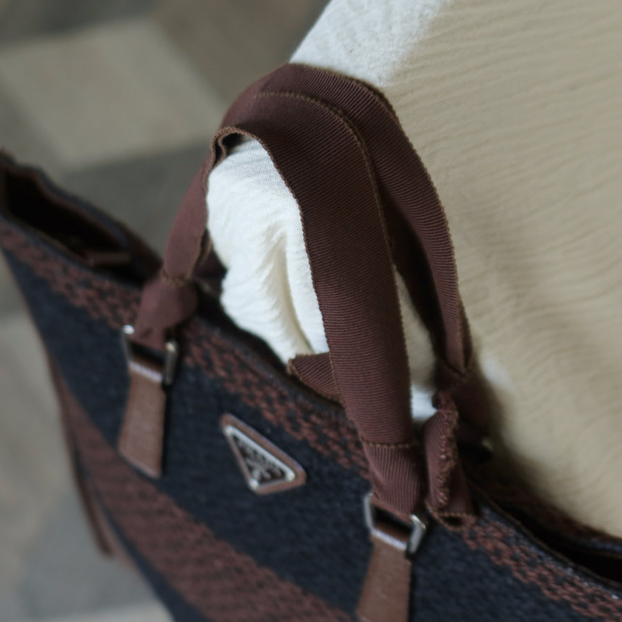 Prada Vintage Brown Black Wool Tweed x Leather Flat Tote Bag
