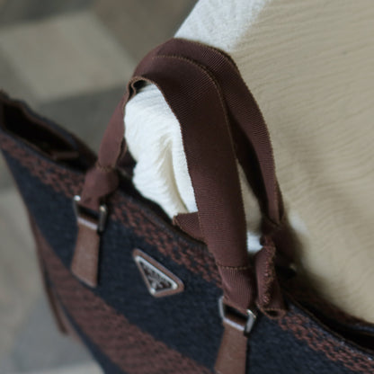 Prada Vintage Brown Black Wool Tweed x Leather Flat Tote Bag