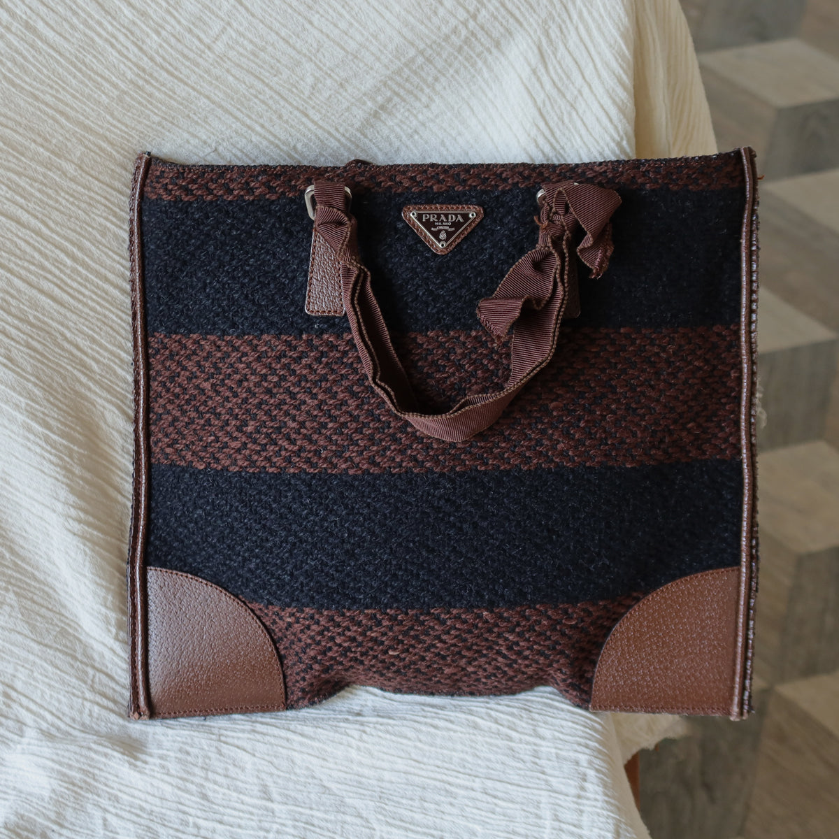 Prada Vintage Brown Black Wool Tweed x Leather Flat Tote Bag