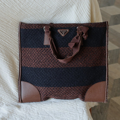 Prada Vintage Brown Black Wool Tweed x Leather Flat Tote Bag