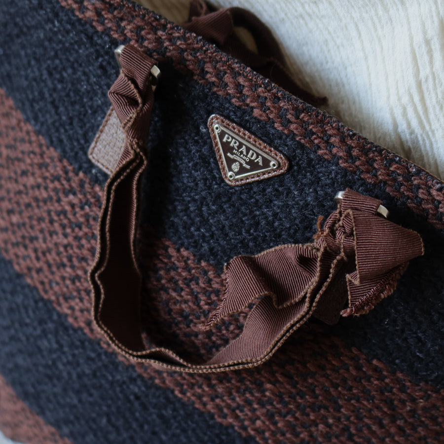 Prada Vintage Brown Black Wool Tweed x Leather Flat Tote Bag