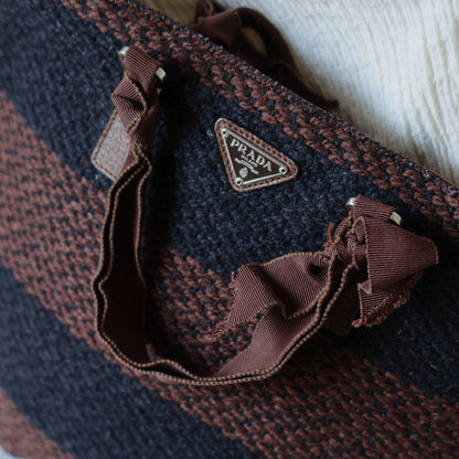 Prada Vintage Brown Black Wool Tweed x Leather Flat Tote Bag