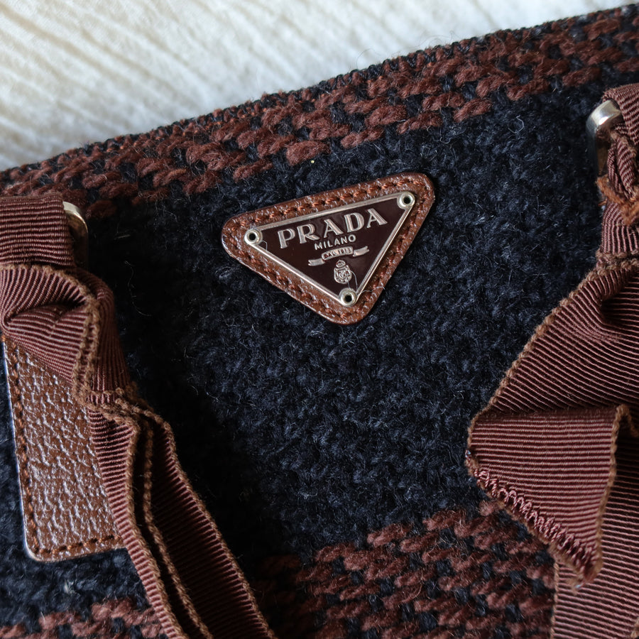 Prada Vintage Brown Black Wool Tweed x Leather Flat Tote Bag