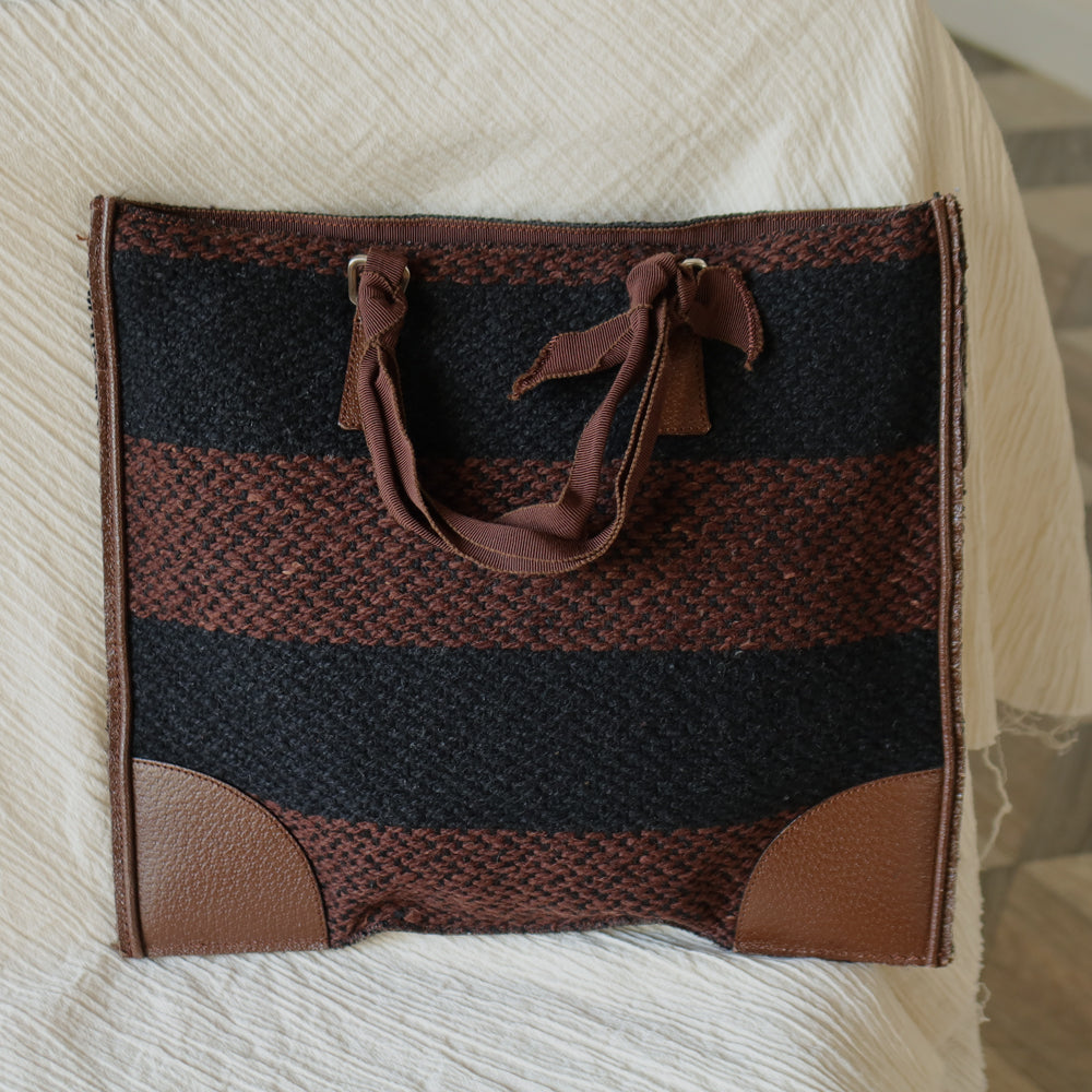 Prada Vintage Brown Black Wool Tweed x Leather Flat Tote Bag