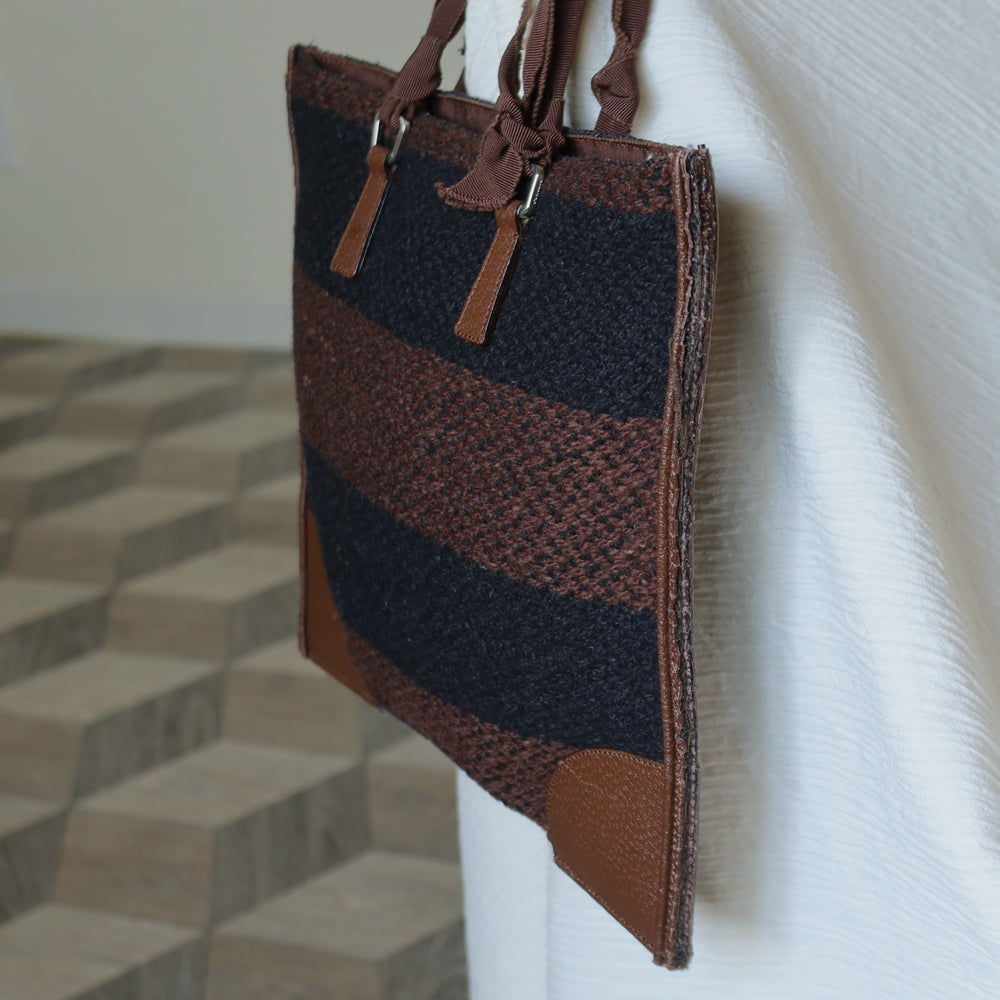 Prada Vintage Brown Black Wool Tweed x Leather Flat Tote Bag