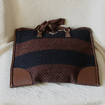 Prada Vintage Brown Black Wool Tweed x Leather Flat Tote Bag