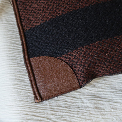 Prada Vintage Brown Black Wool Tweed x Leather Flat Tote Bag