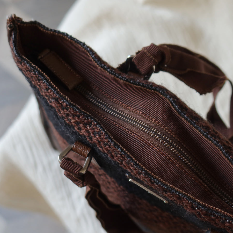 Prada Vintage Brown Black Wool Tweed x Leather Flat Tote Bag