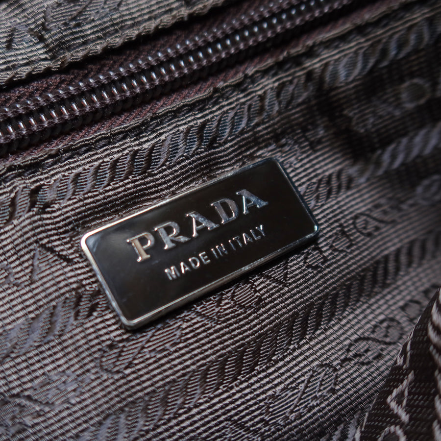 Prada Vintage Brown Black Wool Tweed x Leather Flat Tote Bag