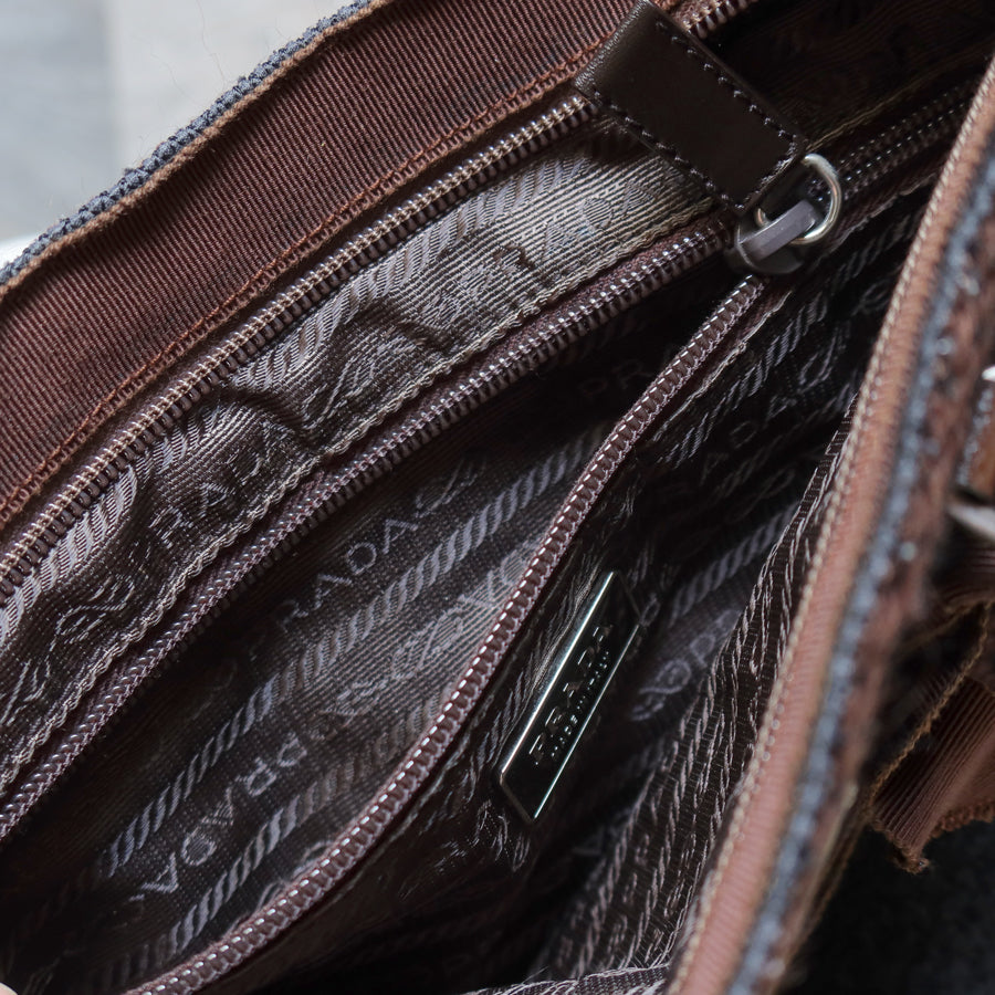 Prada Vintage Brown Black Wool Tweed x Leather Flat Tote Bag