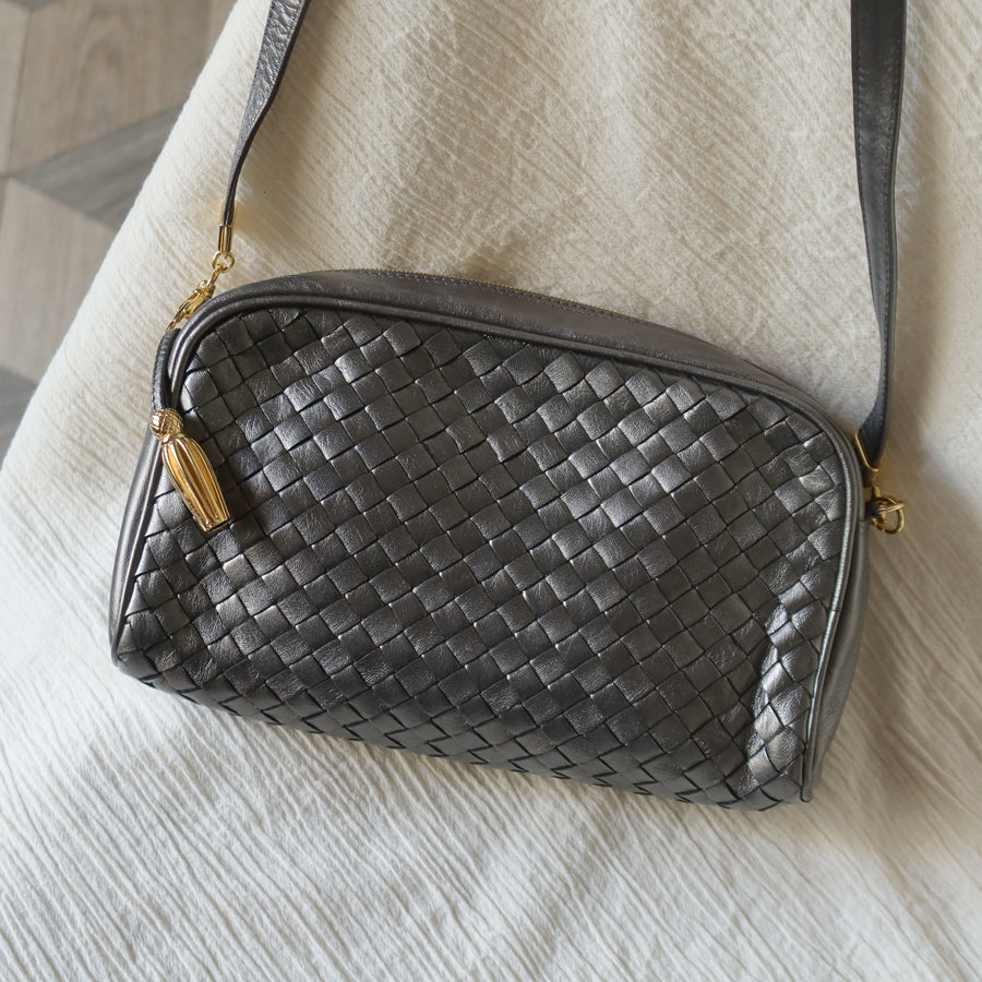Bottega Veneta Vintage Shimmery Silver Intrecciato 2way Shoulder Clutch Bag