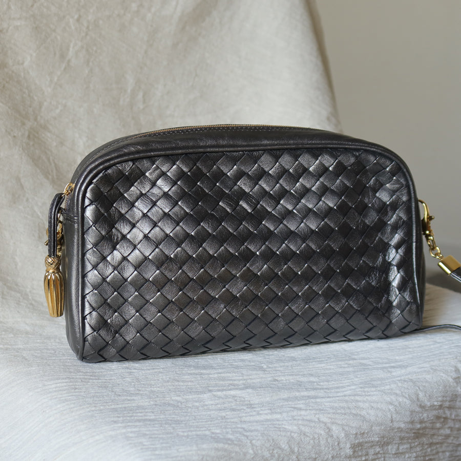 Bottega Veneta Vintage Shimmery Silver Intrecciato 2way Shoulder Clutch Bag