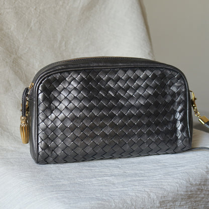 Bottega Veneta Vintage Shimmery Silver Intrecciato 2way Shoulder Clutch Bag