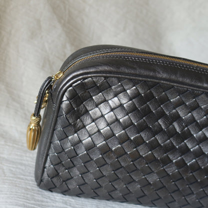 Bottega Veneta Vintage Shimmery Silver Intrecciato 2way Shoulder Clutch Bag