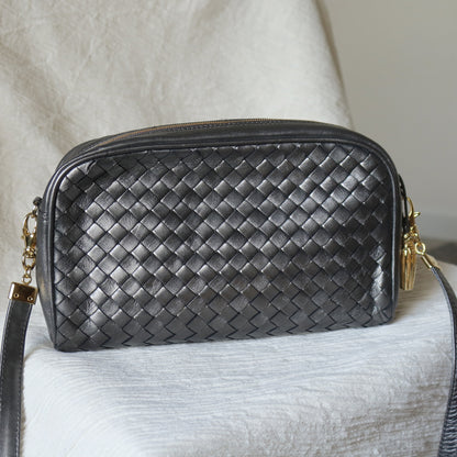 Bottega Veneta Vintage Shimmery Silver Intrecciato 2way Shoulder Clutch Bag