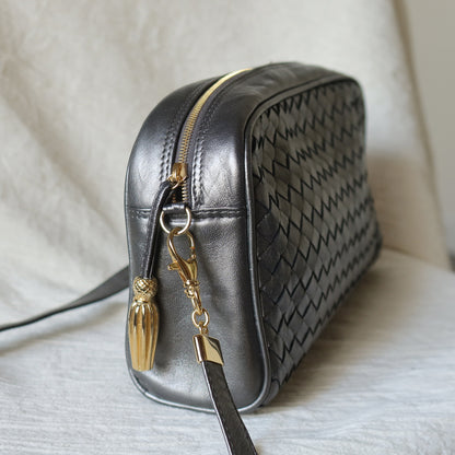 Bottega Veneta Vintage Shimmery Silver Intrecciato 2way Shoulder Clutch Bag
