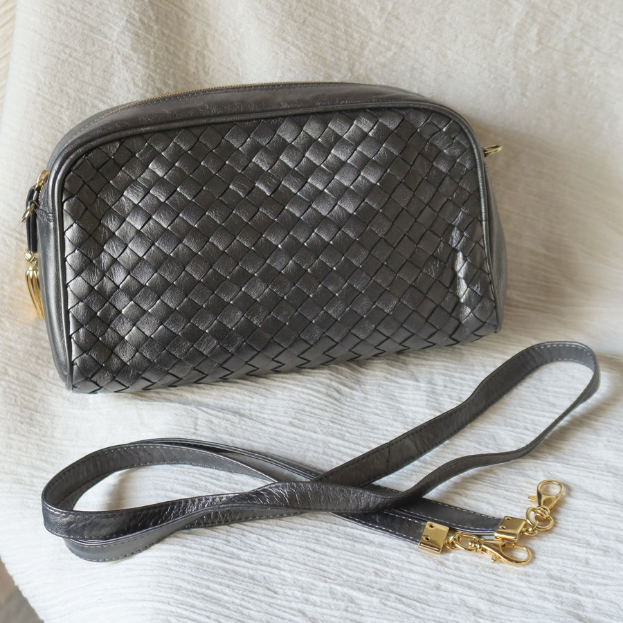 Bottega Veneta Vintage Shimmery Silver Intrecciato 2way Shoulder Clutch Bag