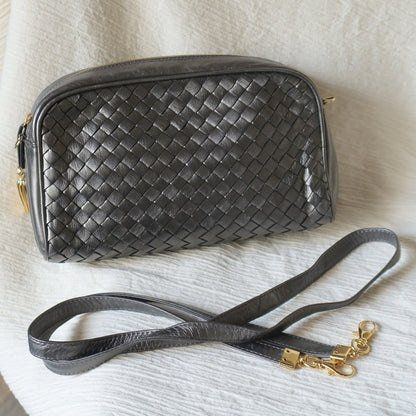 Bottega Veneta Vintage Shimmery Silver Intrecciato 2way Shoulder Clutch Bag