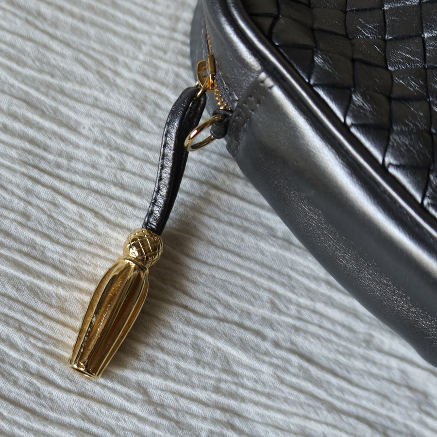 Bottega Veneta Vintage Shimmery Silver Intrecciato 2way Shoulder Clutch Bag