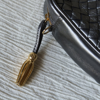 Bottega Veneta Vintage Shimmery Silver Intrecciato 2way Shoulder Clutch Bag