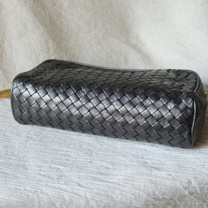 Bottega Veneta Vintage Shimmery Silver Intrecciato 2way Shoulder Clutch Bag