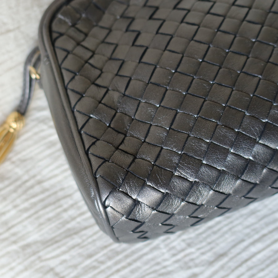 Bottega Veneta Vintage Shimmery Silver Intrecciato 2way Shoulder Clutch Bag