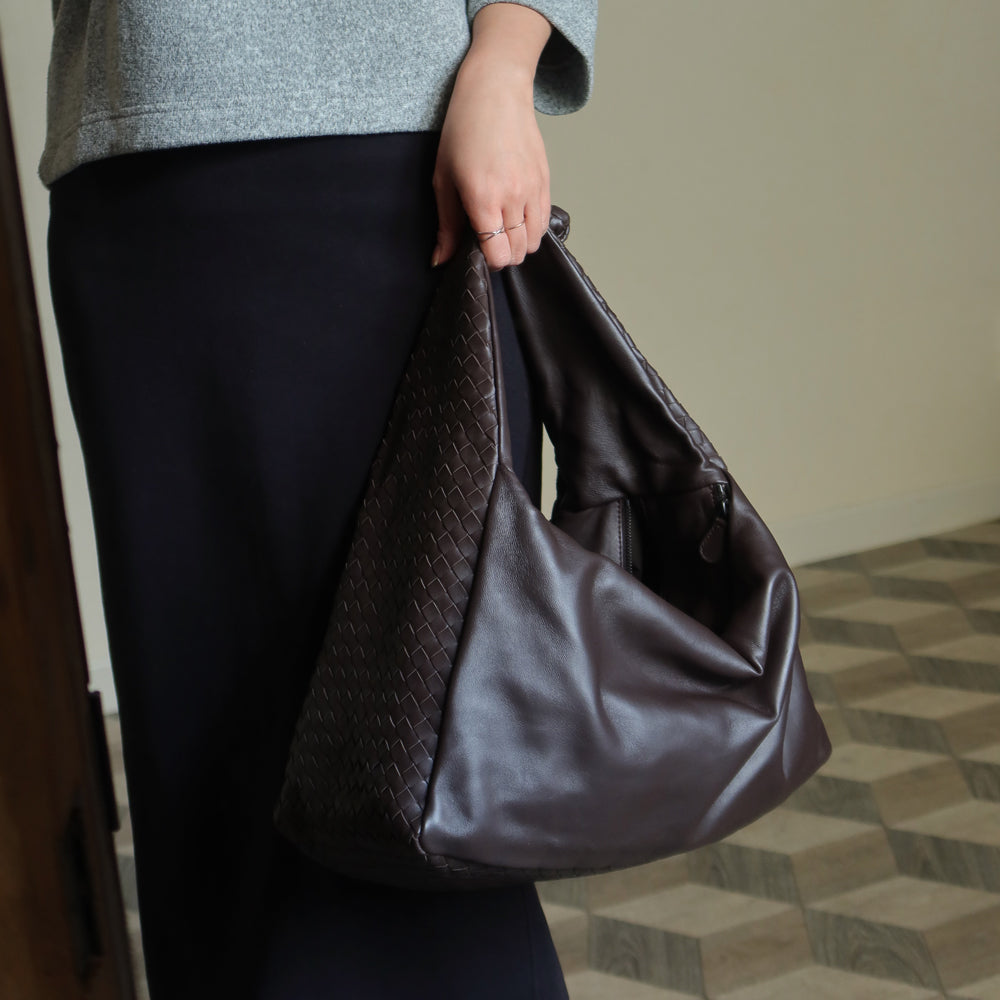 Bottega Veneta Dark Brown Intrecciato Weave Knot Hobo Shoulder Bag