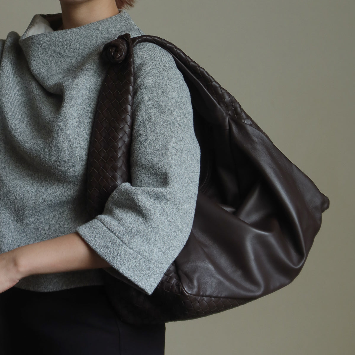 Bottega Veneta Dark Brown Intrecciato Weave Knot Hobo Shoulder Bag