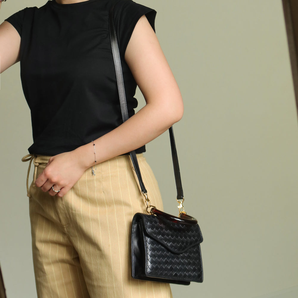 Bottega Veneta Vintage Black Intrecciato Leather 2way Mini Flap Bag