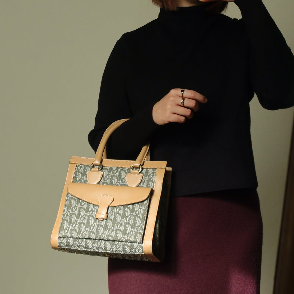 Christian Dior Vintage Oblique Trotter Monogram Beige Olive Diorissimo Handbag