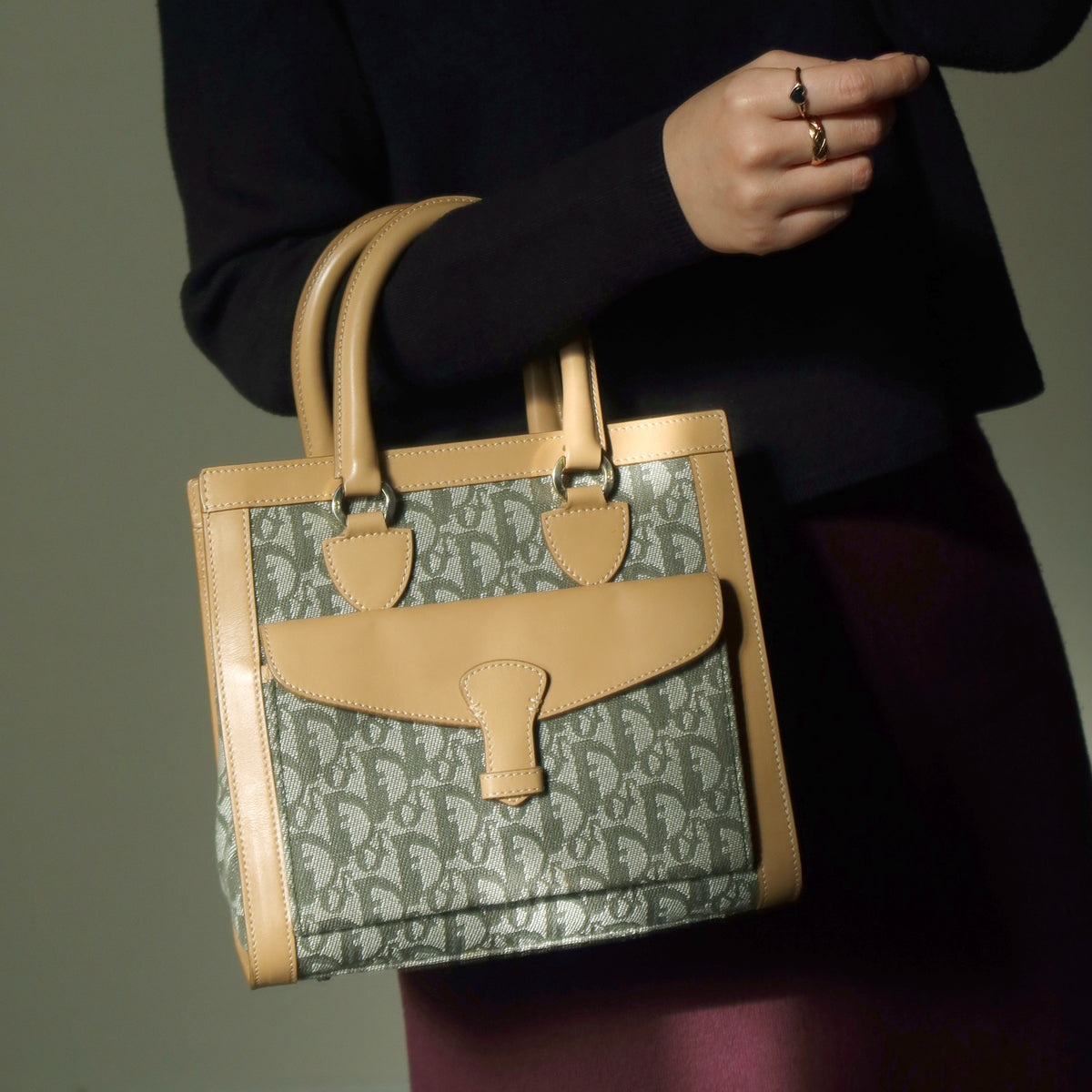 Christian Dior Vintage Oblique Trotter Monogram Beige Olive Diorissimo Handbag