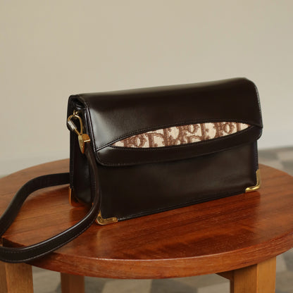 Vintage Christian Dior 1980s Brown Oblique Trotter 2-way Shoulder Clutch Bag