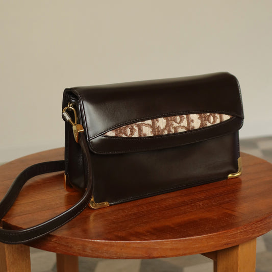 Vintage Christian Dior 1980s Brown Oblique Trotter 2-way Shoulder Clutch Bag