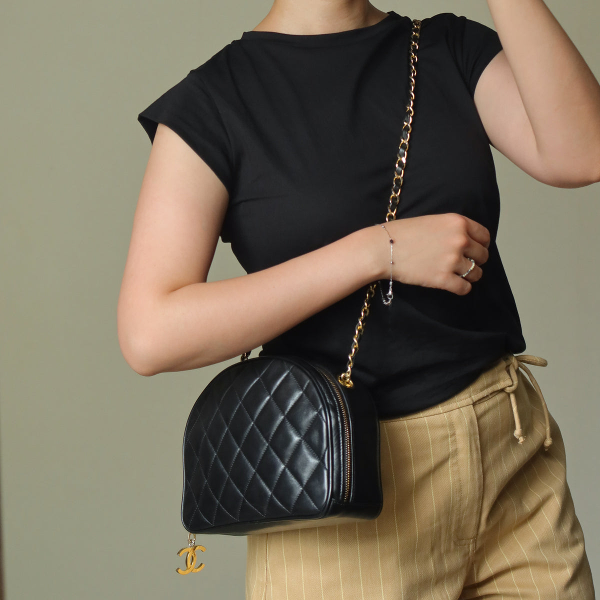 Vintage Chanel Black Diamond Quilted CC Charm Half Moon 2-way Bag