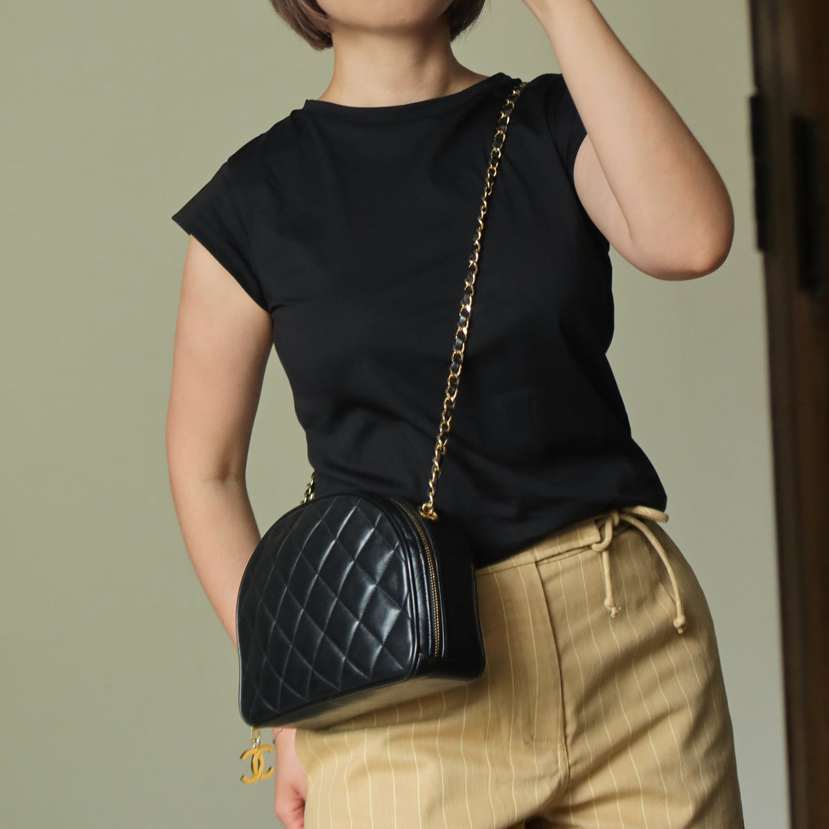Vintage Chanel Black Diamond Quilted CC Charm Half Moon 2-way Bag