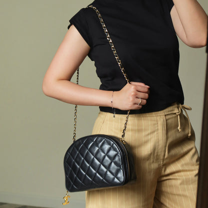Vintage Chanel Black Diamond Quilted CC Charm Half Moon 2-way Bag