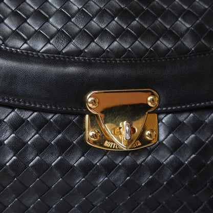 Rare Bottega Veneta Vintage Black Intrecciato Leather Turn lock Shoulder Bag