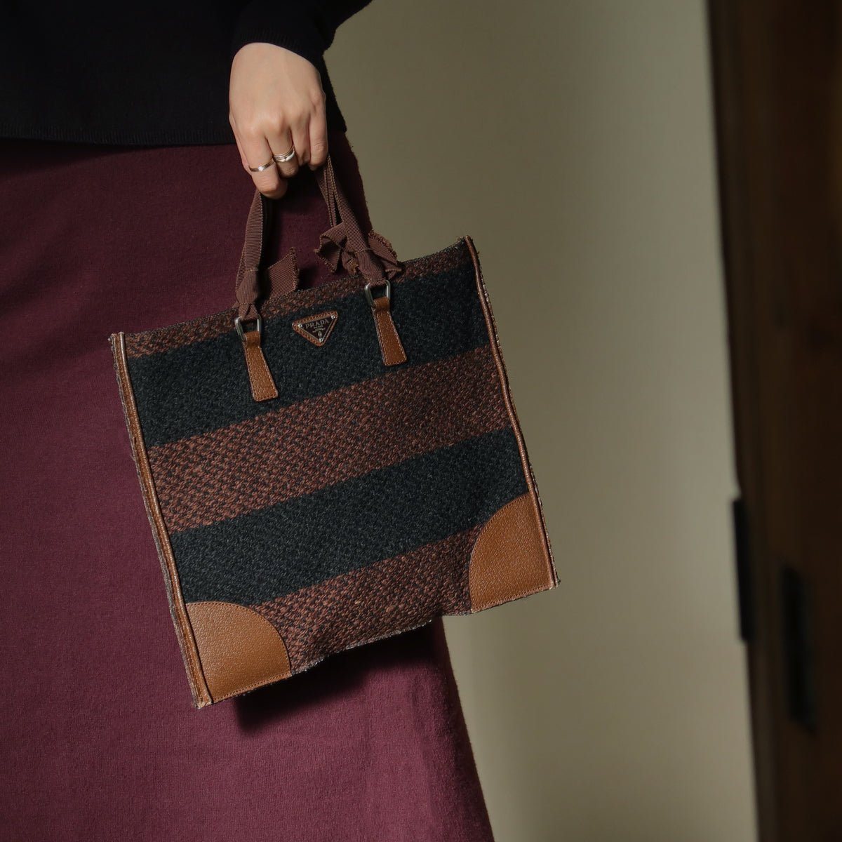 Prada Vintage Brown Black Wool Tweed x Leather Flat Tote Bag