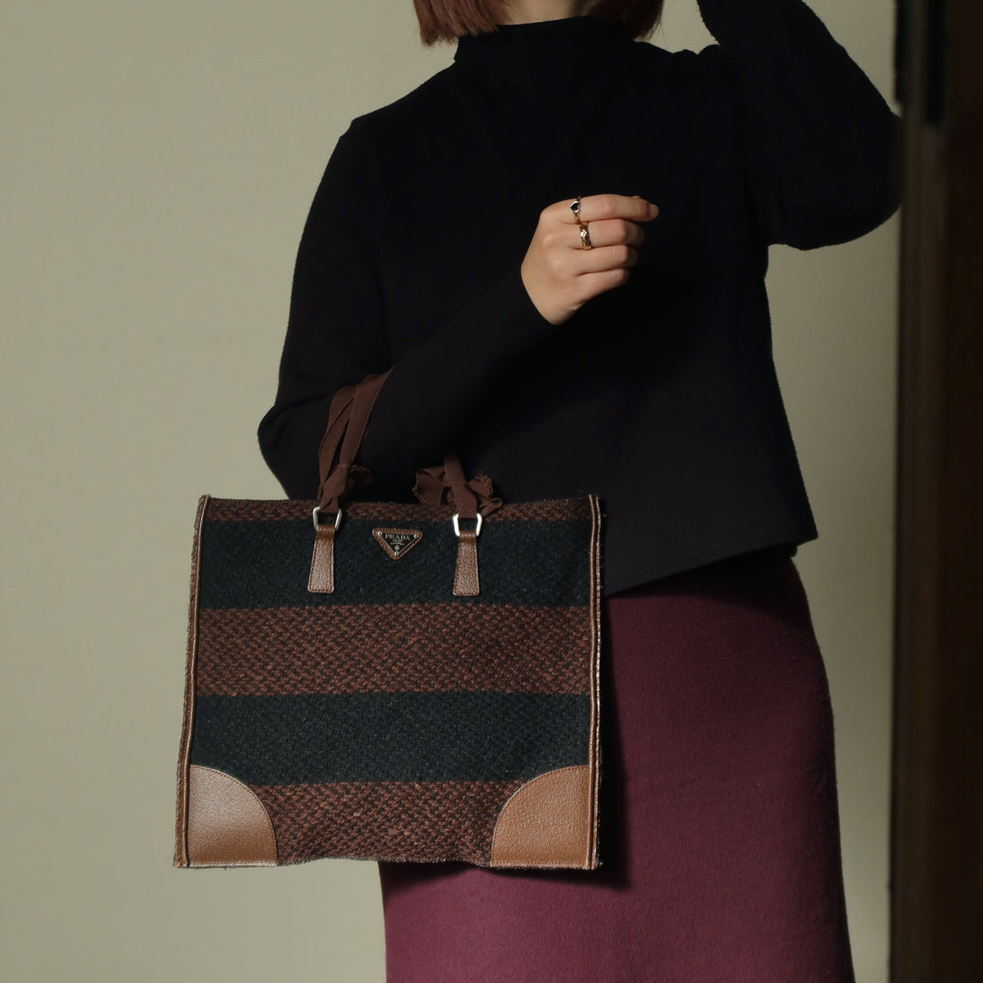 Prada Vintage Brown Black Wool Tweed x Leather Flat Tote Bag