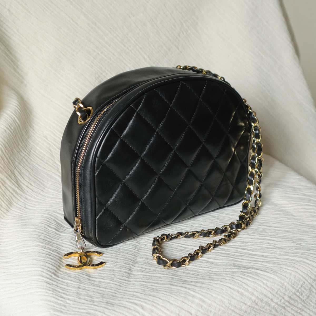 Vintage Chanel Black Diamond Quilted CC Charm Half Moon 2-way Bag