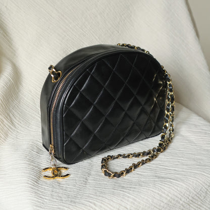 Vintage Chanel Black Diamond Quilted CC Charm Half Moon 2-way Bag