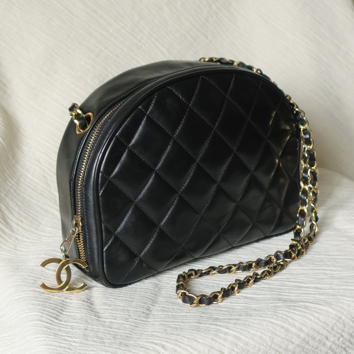 Vintage Chanel Black Diamond Quilted CC Charm Half Moon 2-way Bag