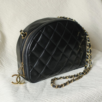 Vintage Chanel Black Diamond Quilted CC Charm Half Moon 2-way Bag