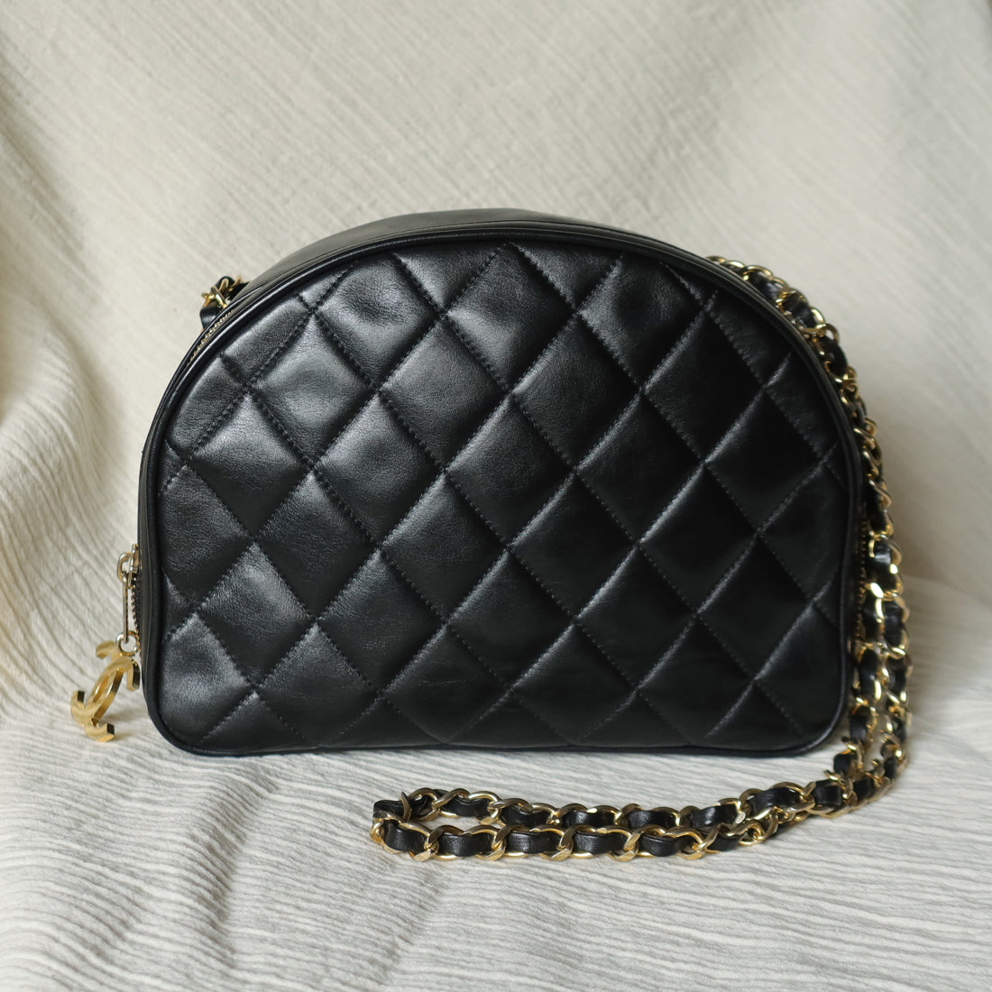 Vintage Chanel Black Diamond Quilted CC Charm Half Moon 2-way Bag