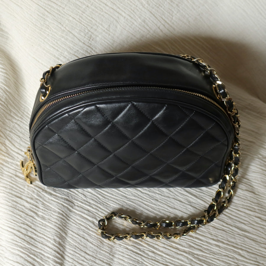 Vintage Chanel Black Diamond Quilted CC Charm Half Moon 2-way Bag