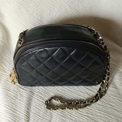 Vintage Chanel Black Diamond Quilted CC Charm Half Moon 2-way Bag