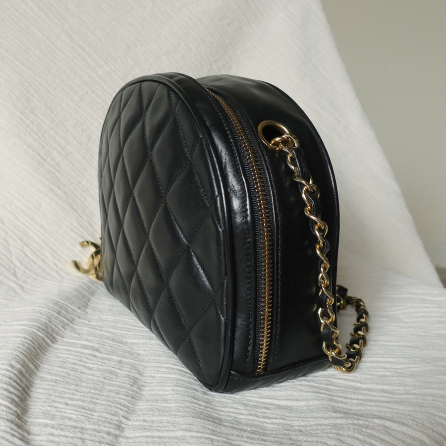 Vintage Chanel Black Diamond Quilted CC Charm Half Moon 2-way Bag