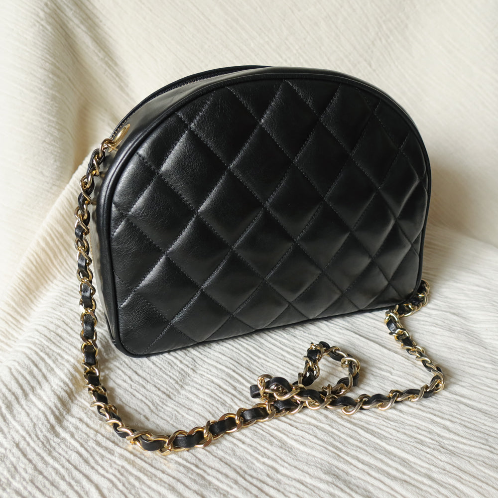 Vintage Chanel Black Diamond Quilted CC Charm Half Moon 2-way Bag