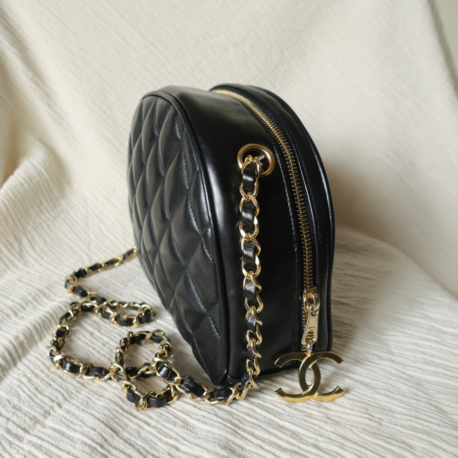 Vintage Chanel Black Diamond Quilted CC Charm Half Moon 2-way Bag